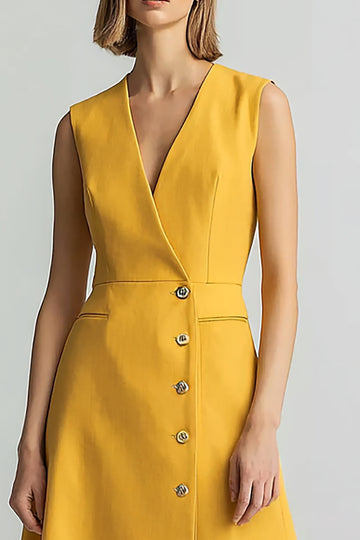 Yellow V Neck A Line Midi Work Dress